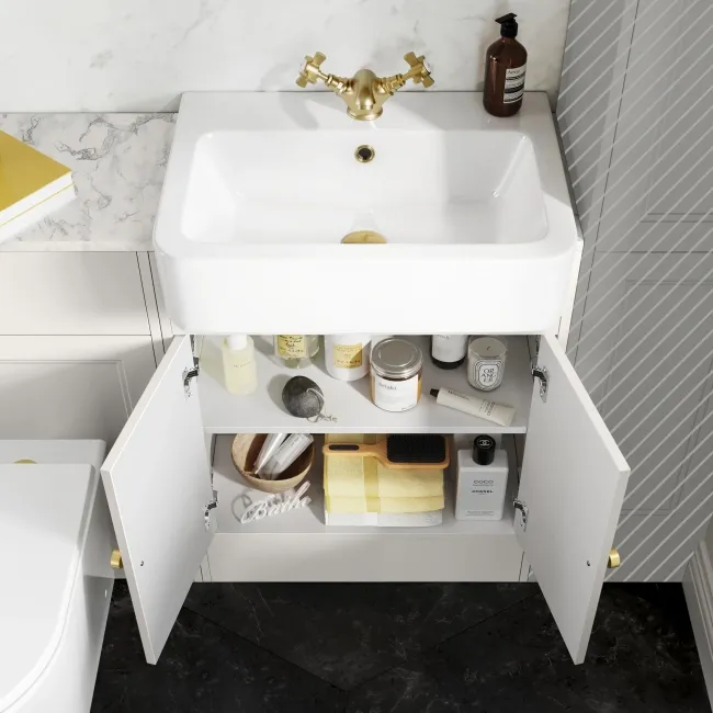Monaco Cotton White Combination Vanity Basin with Marble Top & Tucson Toilet 1200mm - Brushed Brass Accents