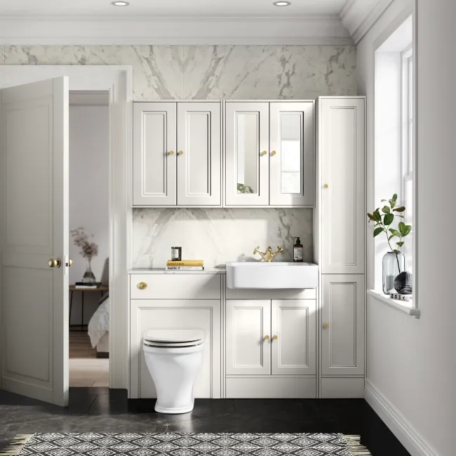 Monaco Cotton White Combination Vanity Basin with Marble Top & Kansas Toilet with Wooden Seat 1200mm - Brushed Brass Accents