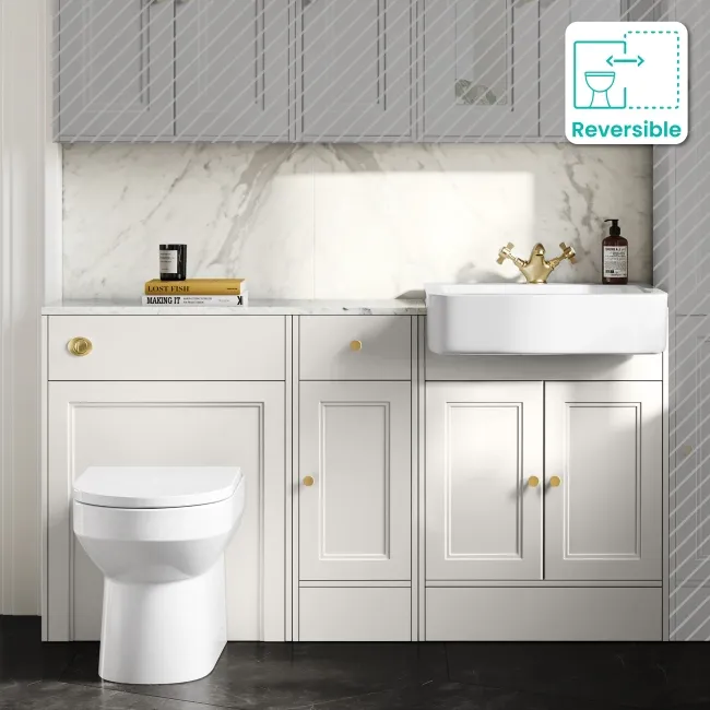 Monaco Cotton White Combination Vanity Basin with Marble Top and Miami Toilet 1500mm - Brushed Brass Accents