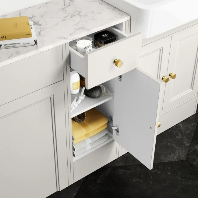 Monaco Cotton White Combination Vanity Basin with Marble Top and Miami Toilet 1500mm - Brushed Brass Accents