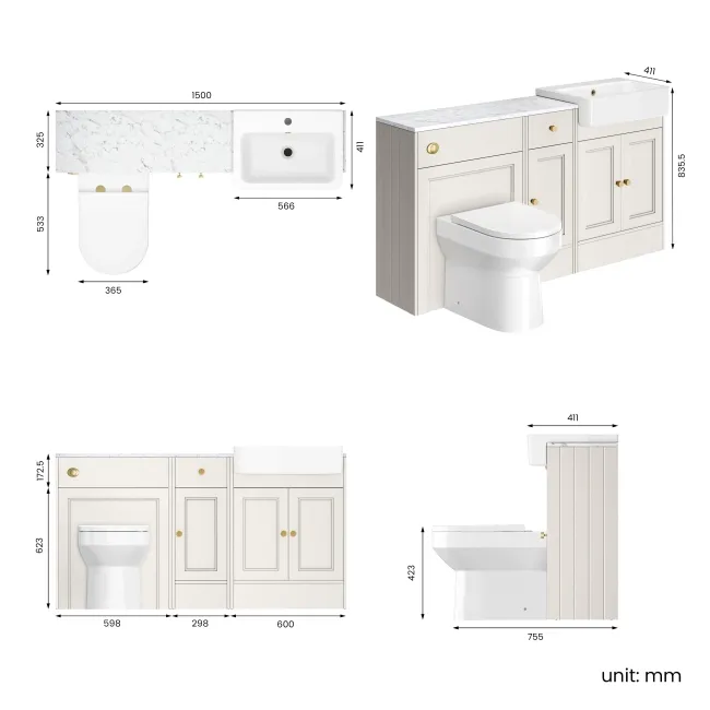 Monaco Cotton White Combination Vanity Basin with Marble Top and Miami Toilet 1500mm - Brushed Brass Accents