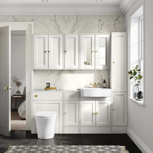 Monaco Cotton White Combination Vanity Basin with Marble Top and Tucson Toilet 1500mm - Brushed Brass Accents