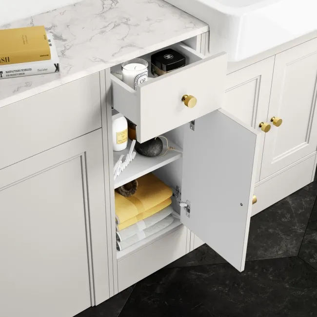 Monaco Cotton White Combination Vanity Basin with Marble Top and Tucson Toilet 1500mm - Brushed Brass Accents