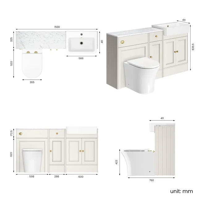 Monaco Cotton White Combination Vanity Basin with Marble Top and Tucson Toilet 1500mm - Brushed Brass Accents
