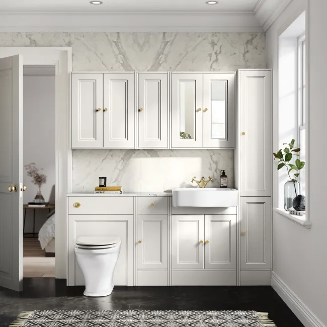 Monaco Cotton White Combination Vanity Basin with Marble Top and Kansas Toilet with Wooden Seat 1500mm - Brushed Brass Accents