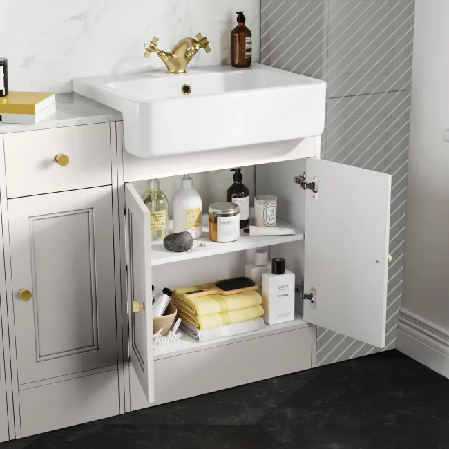 Monaco Cotton White Combination Vanity Basin with Marble Top and Kansas Toilet with Wooden Seat 1500mm - Brushed Brass Accents