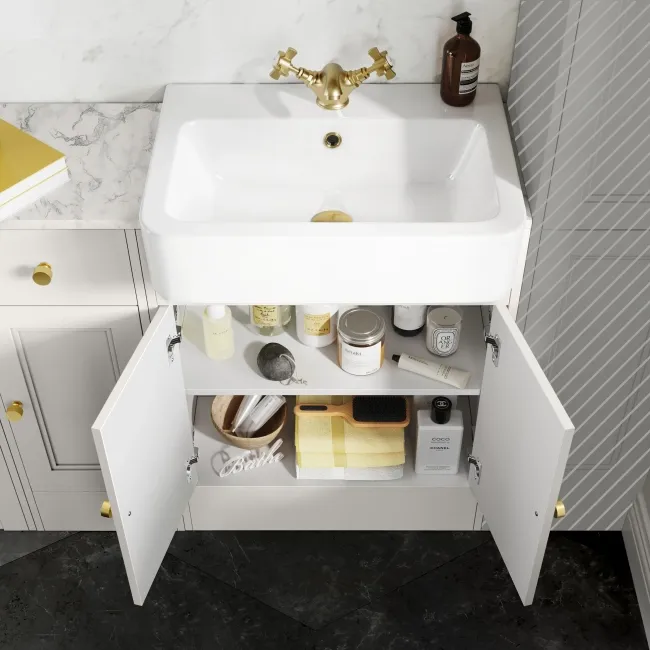Monaco Cotton White Combination Vanity Basin with Marble Top and Kansas Toilet with Wooden Seat 1500mm - Brushed Brass Accents