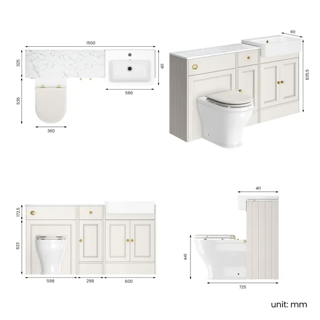 Monaco Cotton White Combination Vanity Basin with Marble Top and Kansas Toilet with Wooden Seat 1500mm - Brushed Brass Accents