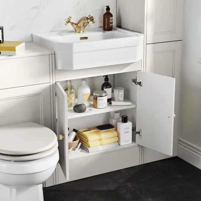 Monaco Cotton White Traditional Basin Vanity 600mm - Brushed Brass Accents