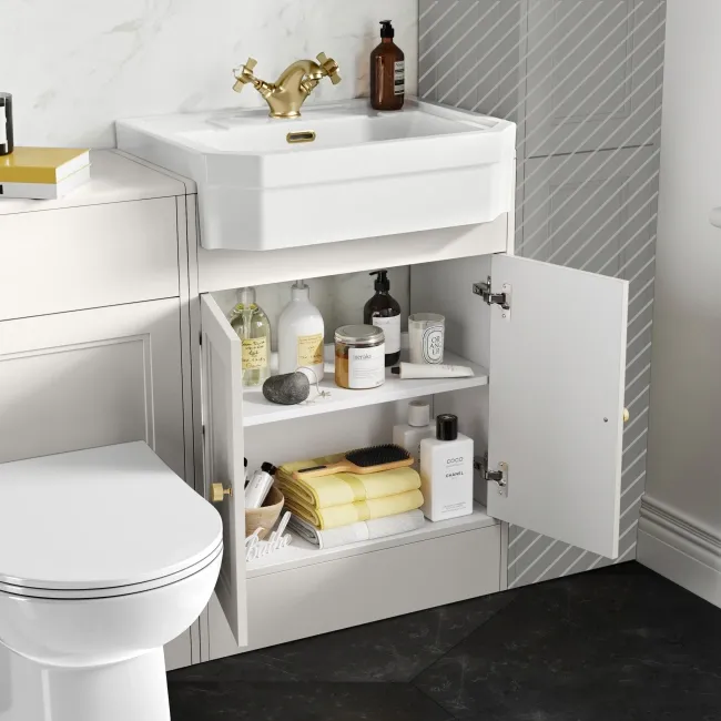 Monaco Cotton White Combination Vanity Traditional Basin and Aruba Toilet 1200mm - Brushed Brass Accents