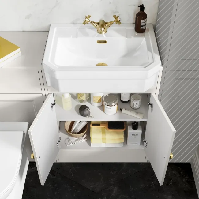 Monaco Cotton White Combination Vanity Traditional Basin and Aruba Toilet 1200mm - Brushed Brass Accents