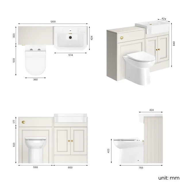 Monaco Cotton White Combination Vanity Traditional Basin and Aruba Toilet 1200mm - Brushed Brass Accents