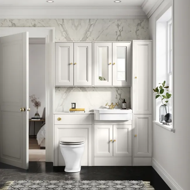 Monaco Cotton White Combination Vanity Traditional Basin and Kansas Toilet with Wooden Seat 1200mm - Brushed Brass Accents
