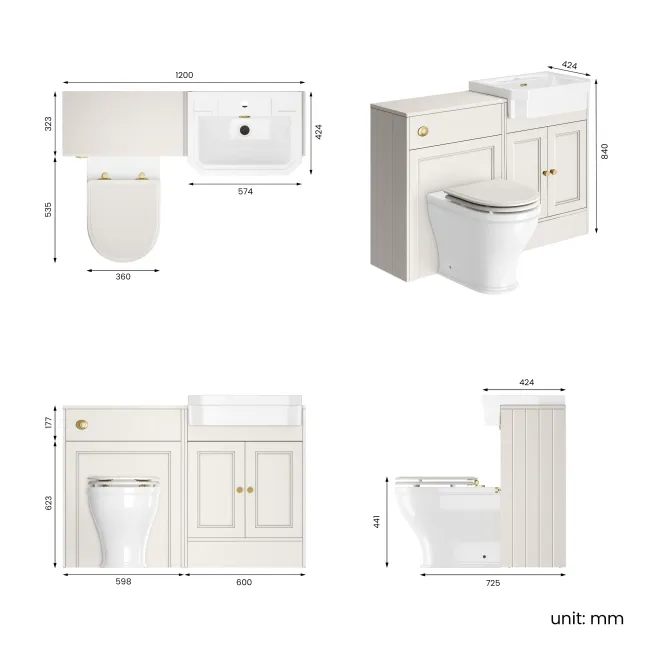 Monaco Cotton White Combination Vanity Traditional Basin and Kansas Toilet with Wooden Seat 1200mm - Brushed Brass Accents