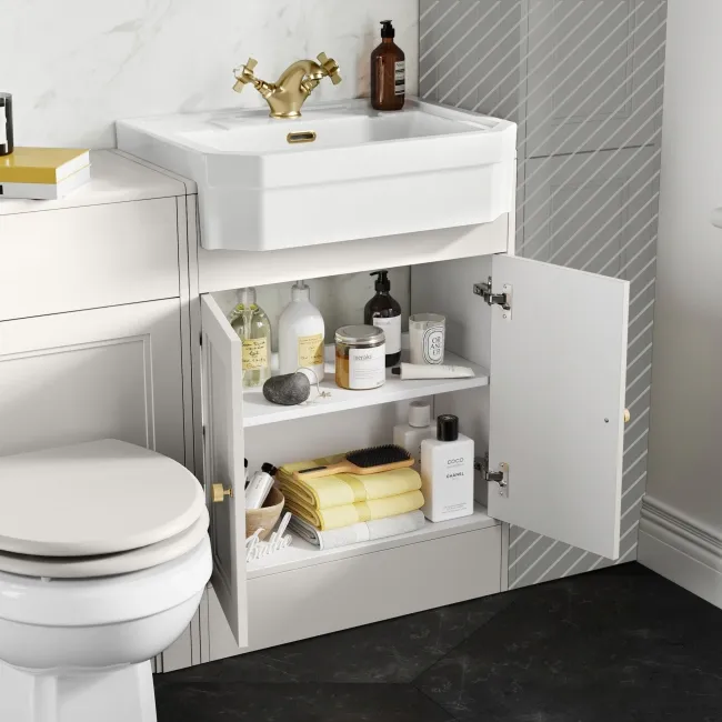Monaco Cotton White Combination Vanity Traditional Basin and Hudson Toilet with Wooden Seat 1200mm - Brushed Brass Accents