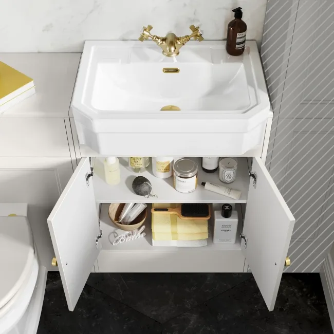 Monaco Cotton White Combination Vanity Traditional Basin and Hudson Toilet with Wooden Seat 1200mm - Brushed Brass Accents