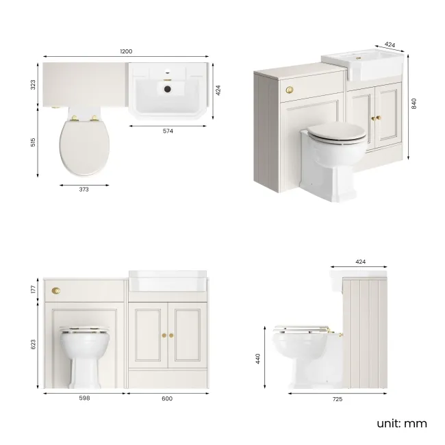 Monaco Cotton White Combination Vanity Traditional Basin and Hudson Toilet with Wooden Seat 1200mm - Brushed Brass Accents