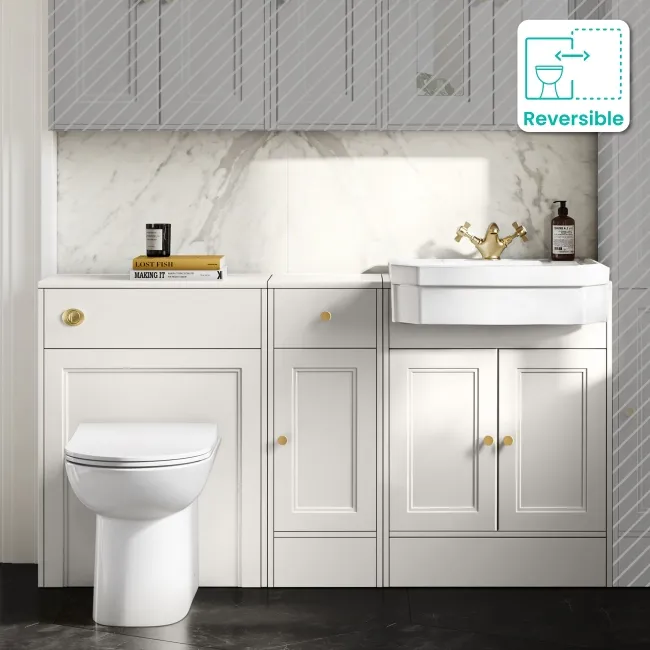 Monaco Cotton White Combination Vanity Traditional Basin and Aruba Toilet 1500mm - Brushed Brass Accents