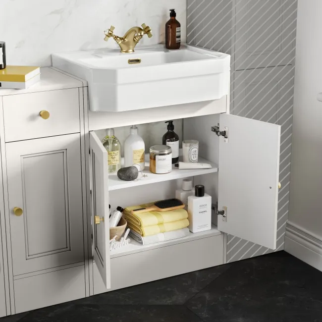 Monaco Cotton White Combination Vanity Traditional Basin and Aruba Toilet 1500mm - Brushed Brass Accents