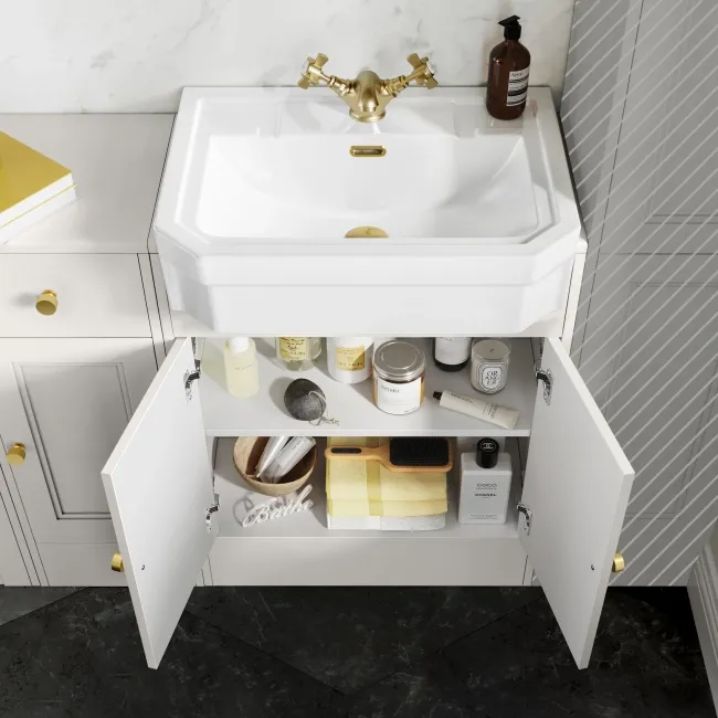 Monaco Cotton White Combination Vanity Traditional Basin and Aruba Toilet 1500mm - Brushed Brass Accents