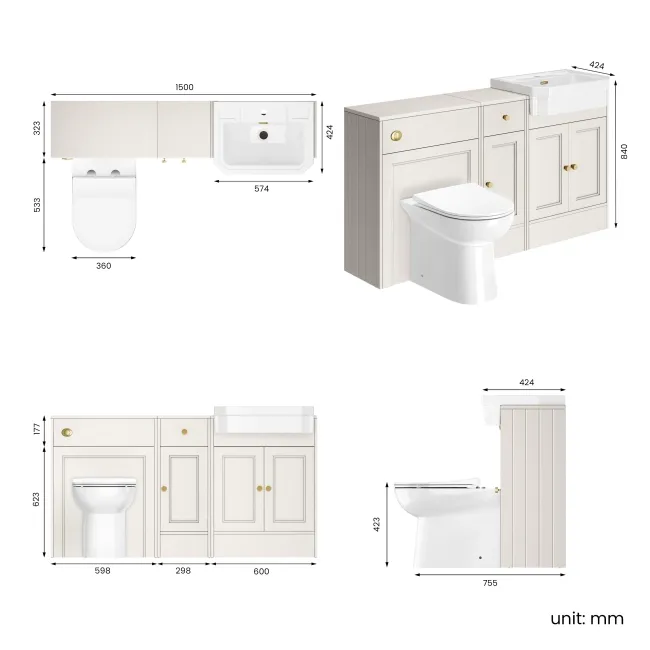 Monaco Cotton White Combination Vanity Traditional Basin and Aruba Toilet 1500mm - Brushed Brass Accents
