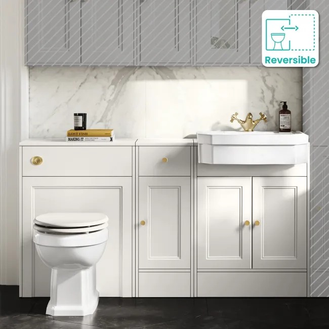 Monaco Cotton White Combination Vanity Traditional Basin and Hudson Toilet with Wooden Seat 1500mm - Brushed Brass Accents