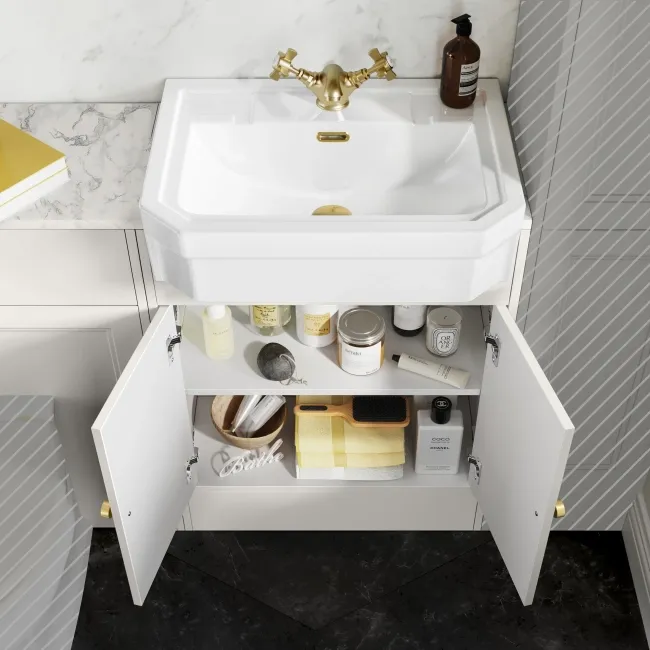 Monaco Cotton White Combination Vanity Traditional Basin with Marble Top 1200mm (Excludes Pan & Cistern) - Brushed Brass Accents