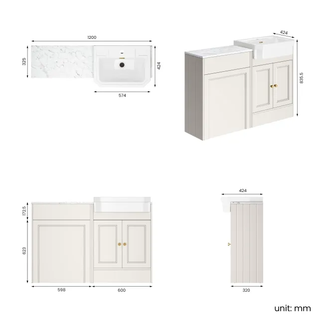 Monaco Cotton White Combination Vanity Traditional Basin with Marble Top 1200mm (Excludes Pan & Cistern) - Brushed Brass Accents