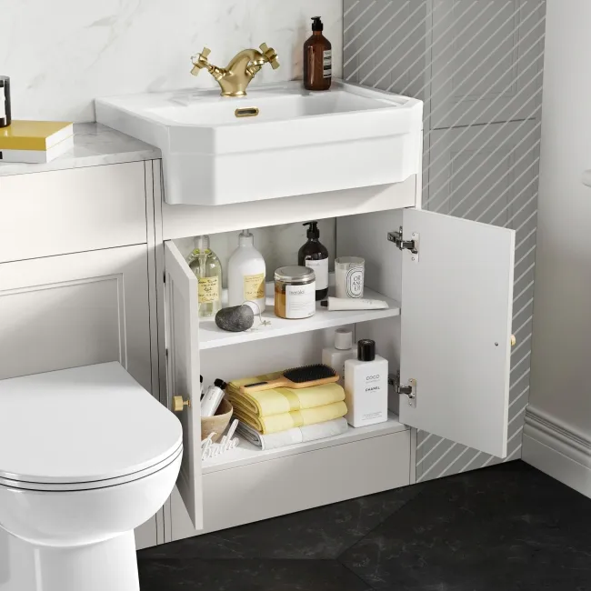Monaco Cotton White Combination Vanity Traditional Basin with Marble Top & Aruba Toilet 1200mm - Brushed Brass Accents
