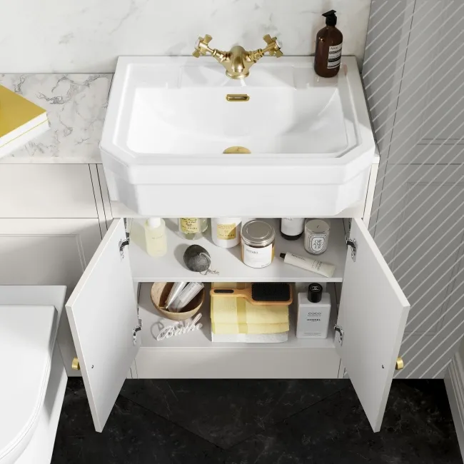 Monaco Cotton White Combination Vanity Traditional Basin with Marble Top & Aruba Toilet 1200mm - Brushed Brass Accents