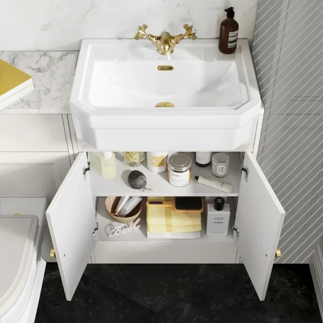 Monaco Cotton White Combination Vanity Traditional Basin with Marble Top & Kansas Toilet with Wooden Seat 1200mm - Brushed Brass Accents
