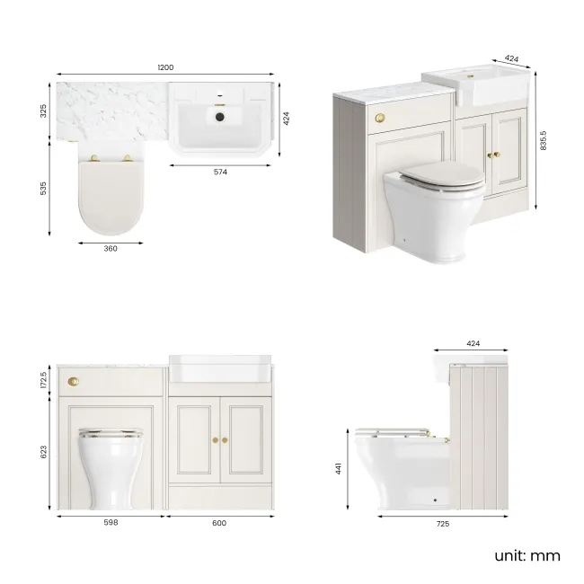 Monaco Cotton White Combination Vanity Traditional Basin with Marble Top & Kansas Toilet with Wooden Seat 1200mm - Brushed Brass Accents