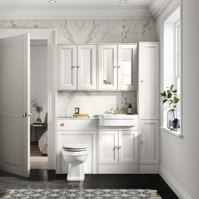 Monaco Cotton White Combination Vanity Traditional Basin with Marble Top & Hudson Toilet with Wooden Seat 1200mm - Brushed Brass Accents