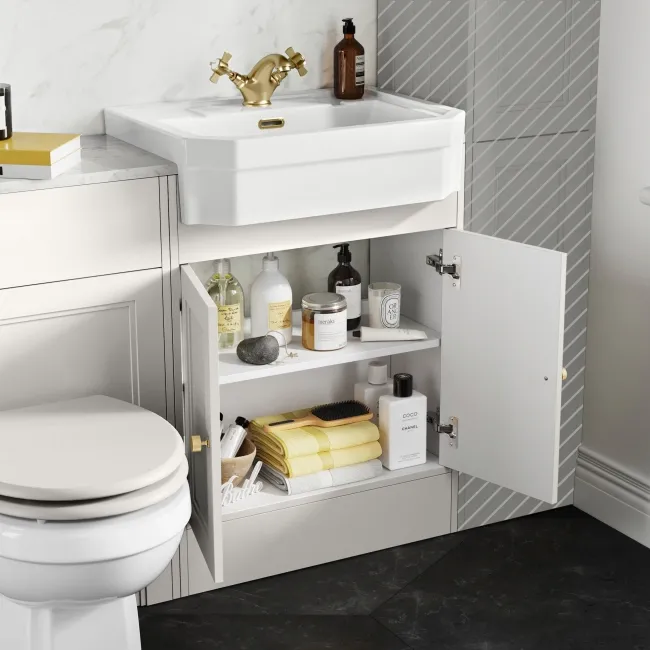 Monaco Cotton White Combination Vanity Traditional Basin with Marble Top & Hudson Toilet with Wooden Seat 1200mm - Brushed Brass Accents