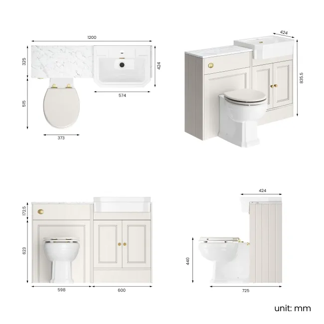 Monaco Cotton White Combination Vanity Traditional Basin with Marble Top & Hudson Toilet with Wooden Seat 1200mm - Brushed Brass Accents