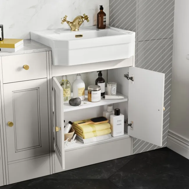 Monaco Cotton White Combination Vanity Traditional Basin with Marble Top 1500mm (Excludes Pan & Cistern) - Brushed Brass Accents