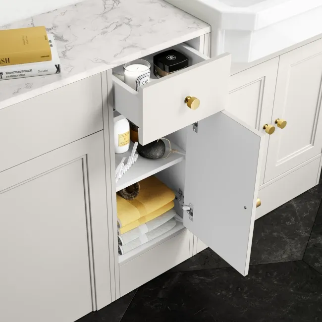 Monaco Cotton White Combination Vanity Traditional Basin with Marble Top 1500mm (Excludes Pan & Cistern) - Brushed Brass Accents