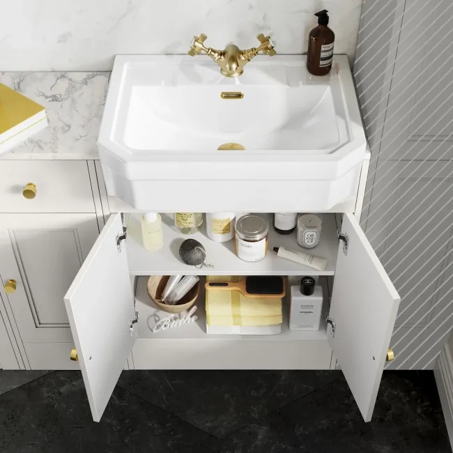 Monaco Cotton White Combination Vanity Traditional Basin with Marble Top and Aruba Toilet 1500mm - Brushed Brass Accents