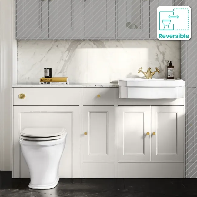 Monaco Cotton White Combination Vanity Traditional Basin with Marble Top & Kansas Toilet with Wooden Seat 1500mm - Brushed Brass Accents