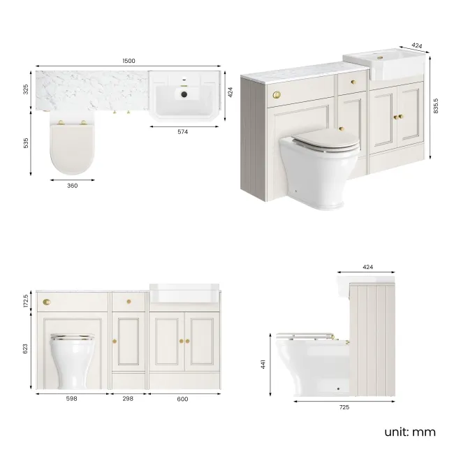 Monaco Cotton White Combination Vanity Traditional Basin with Marble Top & Kansas Toilet with Wooden Seat 1500mm - Brushed Brass Accents