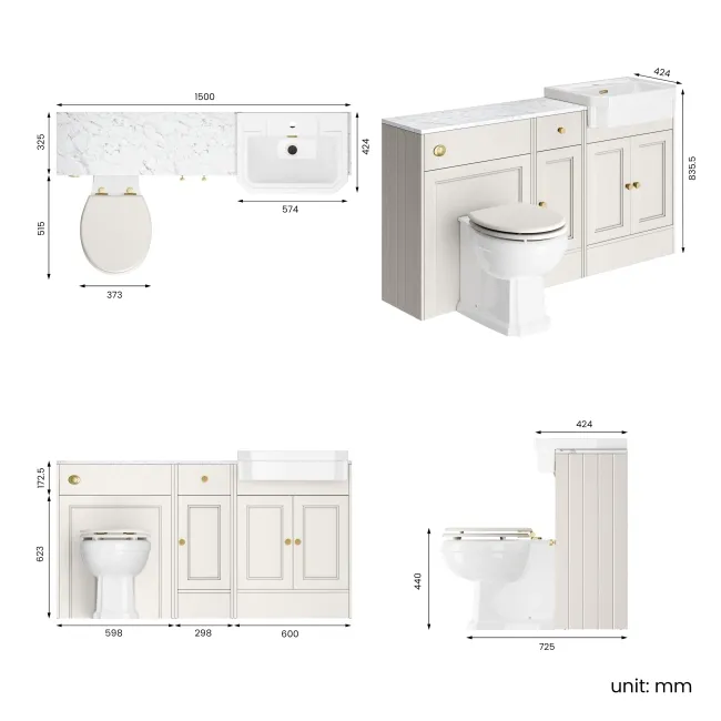 Monaco Cotton White Combination Vanity Traditional Basin with Marble Top & Hudson Toilet with Wooden Seat 1500mm - Brushed Brass Accents