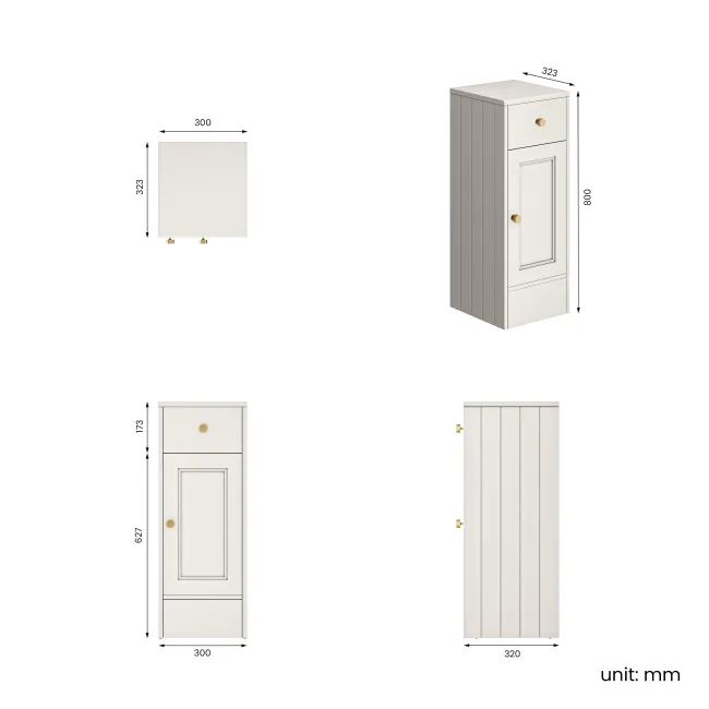 Monaco Cotton White Side Cabinet Unit 300mm - Brushed Brass Accents