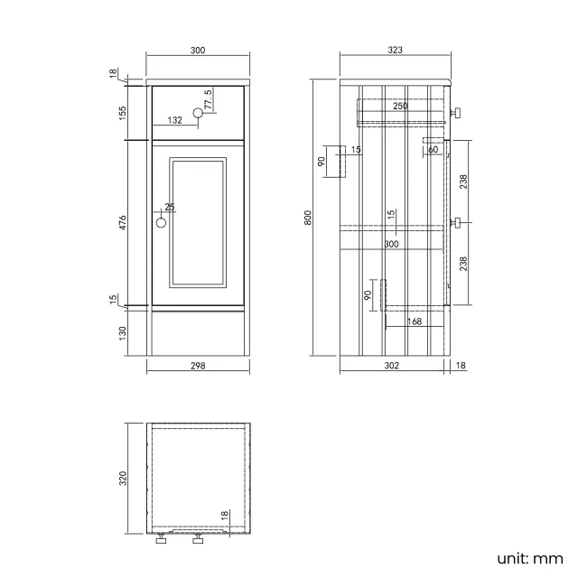 Monaco Cotton White Side Cabinet Unit 300mm - Brushed Brass Accents