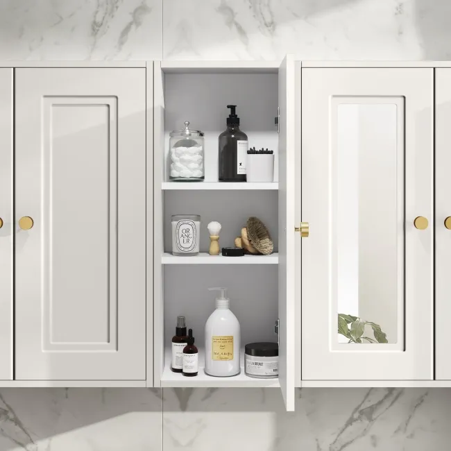 Cotton White Wall Hung Cabinet 700x300mm - Brushed Brass Accents