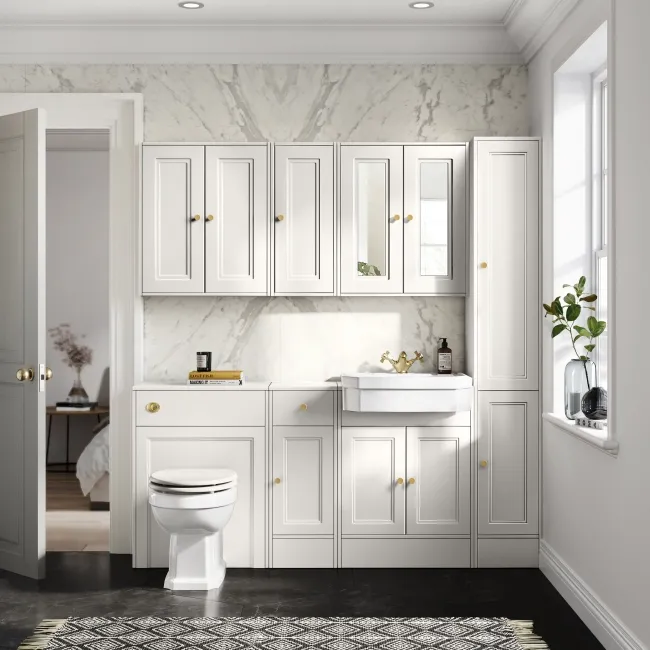 Cotton White Wall Hung Cabinet 700x600mm - Brushed Brass Accents