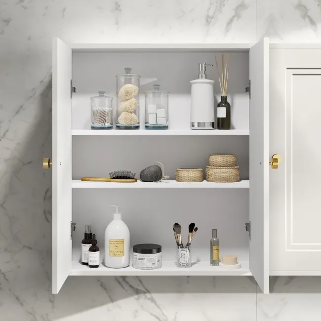 Cotton White Wall Hung Cabinet 700x600mm - Brushed Brass Accents