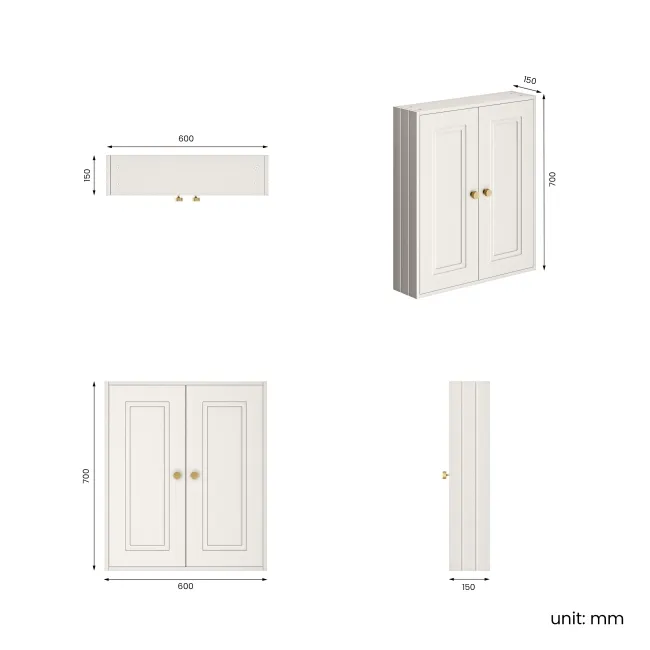 Cotton White Wall Hung Cabinet 700x600mm - Brushed Brass Accents