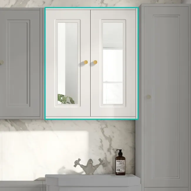 Cotton White Wall Hung Mirror Cabinet 700x600mm - Brushed Brass Accents