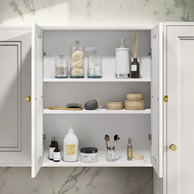 Cotton White Wall Hung Mirror Cabinet 700x600mm - Brushed Brass Accents