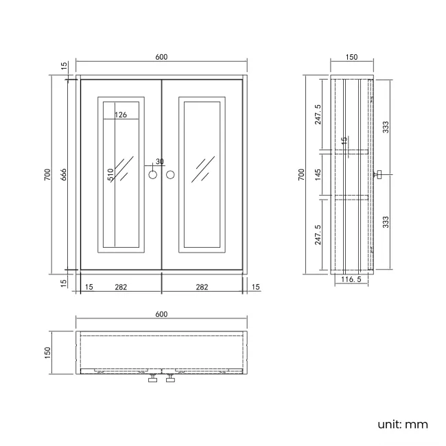 Cotton White Wall Hung Mirror Cabinet 700x600mm - Brushed Brass Accents